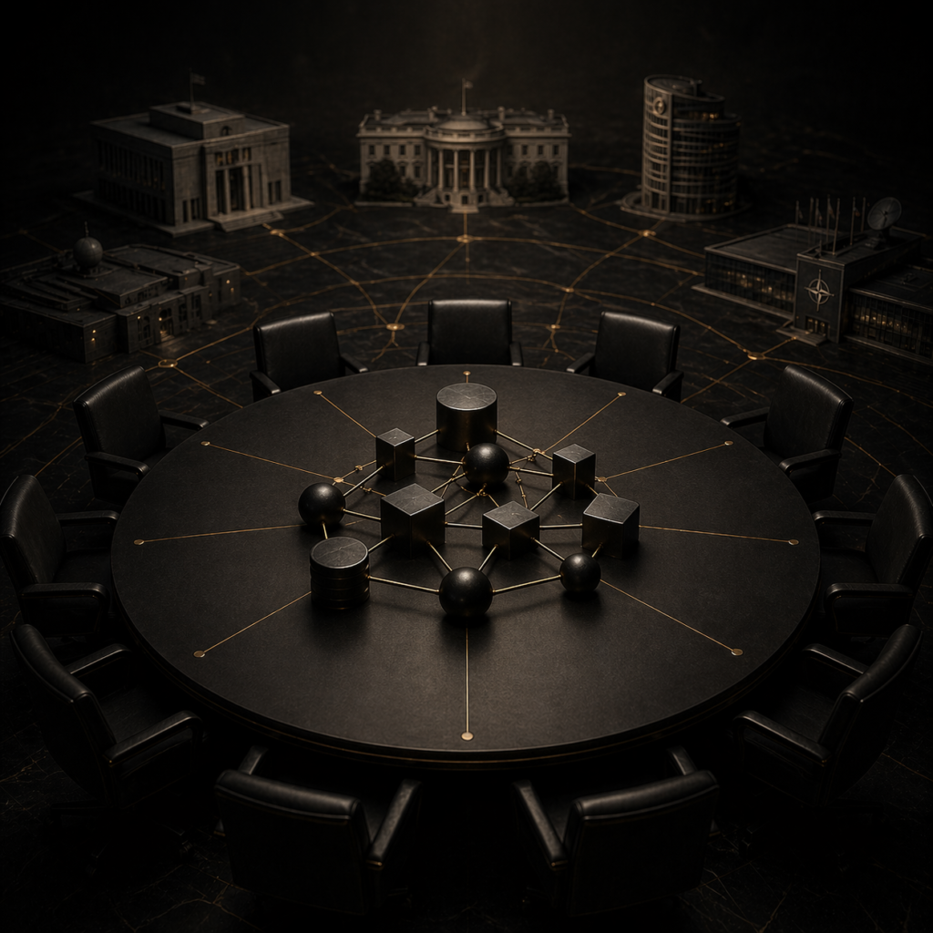 Cinematic illustration of a shadow government concept showing a dark roundtable with interconnected structures and symbolic institutional buildings representing finance, media, intelligence, and policy networks